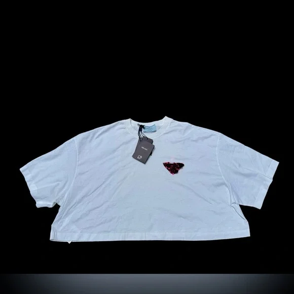 PRADA***Cropped White T-Shirt W/Sequined Logo***XL $1380 NWT - Picture 5 of 11